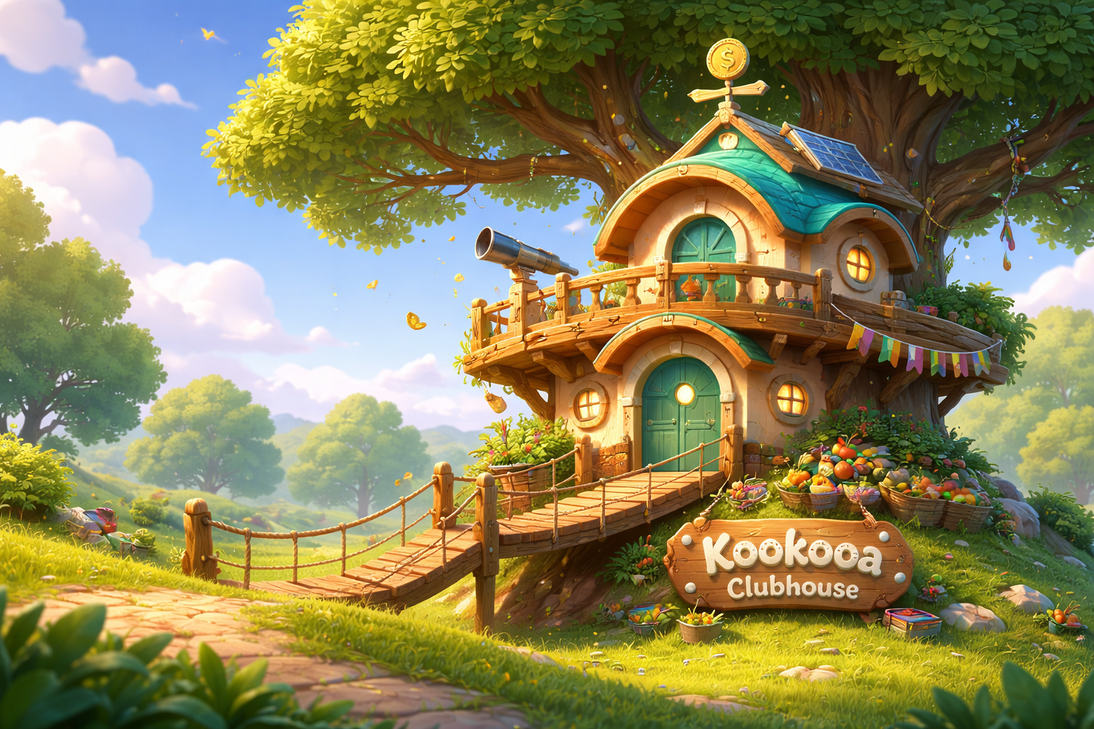 The Kookooa Clubhouse — a painterly treehouse on a grassy hill at golden hour
